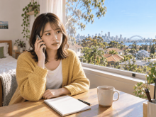 オーストラリアの自宅で電話通訳TISを使いながら相談する日本人留学生の様子