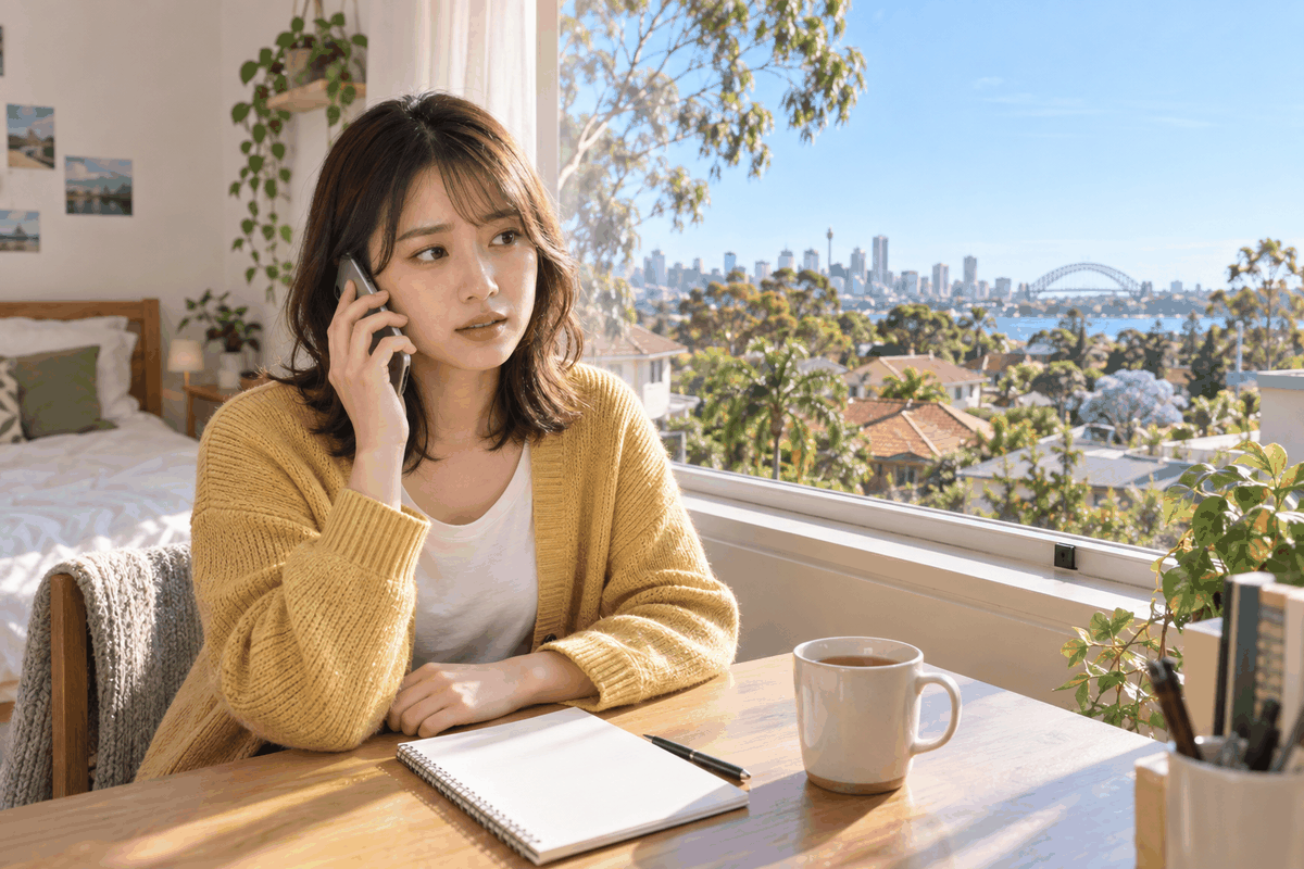 オーストラリアの自宅で電話通訳TISを使いながら相談する日本人留学生の様子