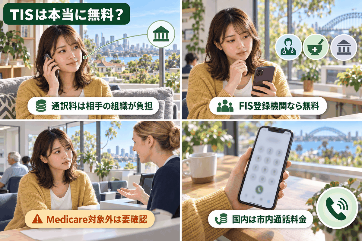 電話通訳TISの通訳料を電話先の組織が負担する仕組みとGP利用時の注意点を示した図