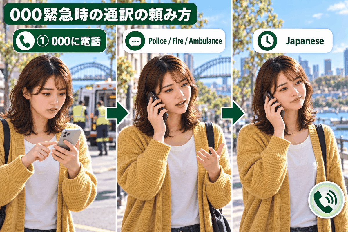 オーストラリアの緊急通報000で英語が話せない場合に通訳を頼む3つの手順を示した図