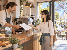 カフェで店長に印刷したレジュメを渡すワーホリ留学生。オーストラリアのレジュメの渡し方を表した一枚