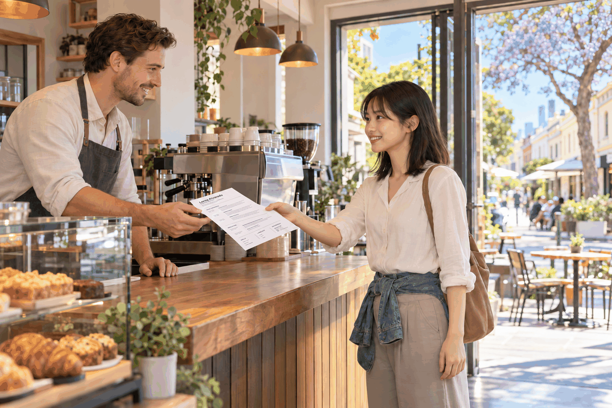 カフェで店長に印刷したレジュメを渡すワーホリ留学生。オーストラリアのレジュメの渡し方を表した一枚