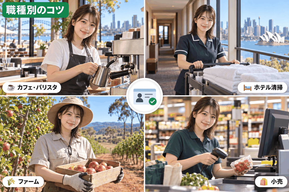 バリスタ、ハウスキーピング、ファーム作業、小売の4つの仕事をする留学生を並べたイラスト