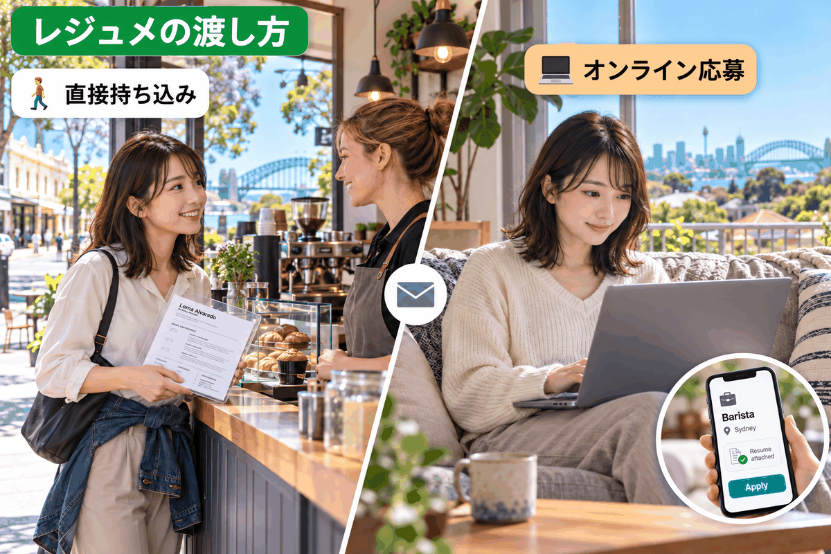 カフェへ直接レジュメを持ち込む留学生と、ノートパソコンでオンライン応募する留学生を比較したイラスト