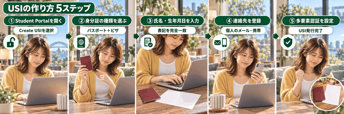 パスポートとビザでUSIを作る5つの手順を示したステップ図。多要素認証の設定まで解説