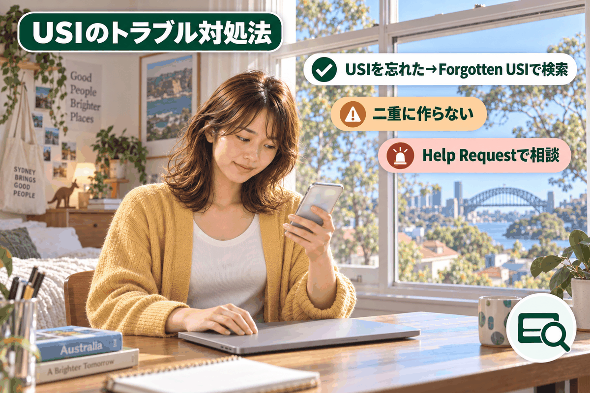 USIの番号を忘れた時や二重に作ってしまった時の対処法を示したイラスト。Forgotten USIで検索する様子