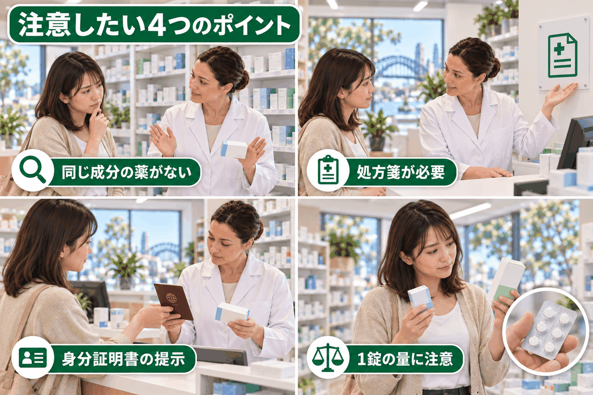 ロキソプロフェンやコデインなどオーストラリアの風邪薬で注意が必要な4つの成分を示した図