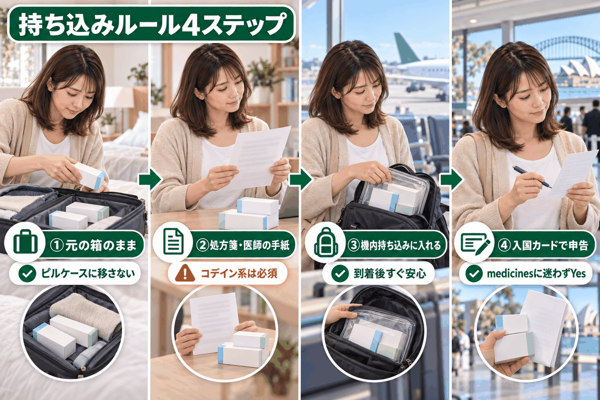 オーストラリア入国時に常備薬を持ち込む際の申告手順を4ステップで示した図