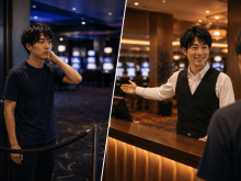 クラブのゲーミングエリア入口で立ち止まる留学生と、RCGを取得しスタッフとして働く姿を対比
