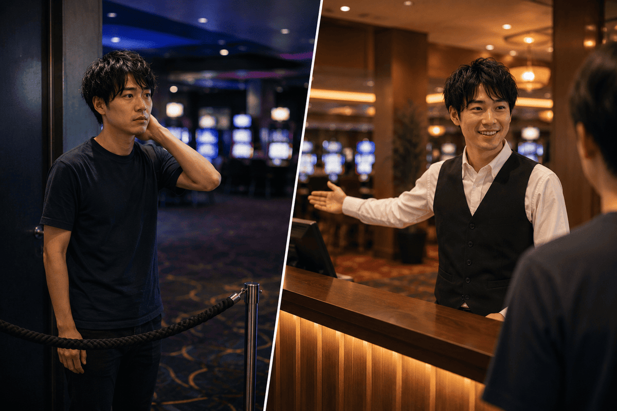 クラブのゲーミングエリア入口で立ち止まる留学生と、RCGを取得しスタッフとして働く姿を対比