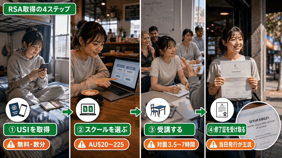 オーストラリアRSAの取り方を4ステップで解説。USI取得からスクール受講、修了証の受け取りまで