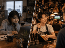パブの外から中をうかがう留学生と、オーストラリアRSAを取得してバーカウンターで働く姿を対比