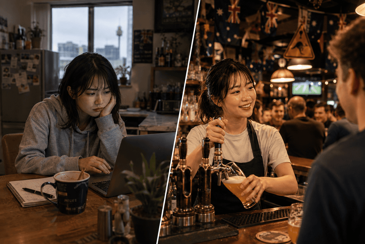 パブの外から中をうかがう留学生と、オーストラリアRSAを取得してバーカウンターで働く姿を対比