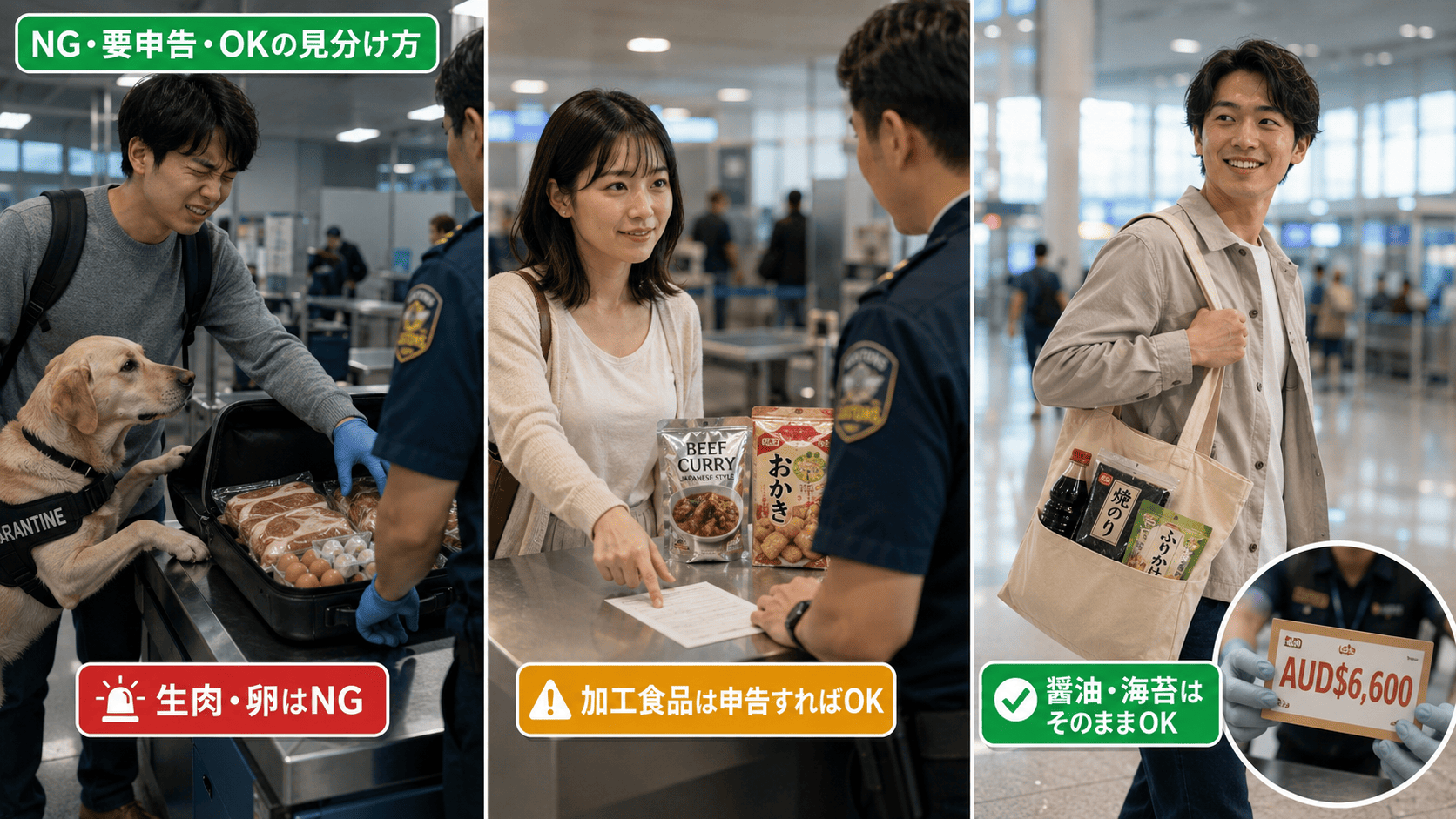 オーストラリア入国時の持ち込み禁止品と要申告品、OK品を3場面で比較したイラスト