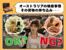 スーツケースの食品を前に持ち込みOKとNGで戸惑うオーストラリア渡航者のイラスト