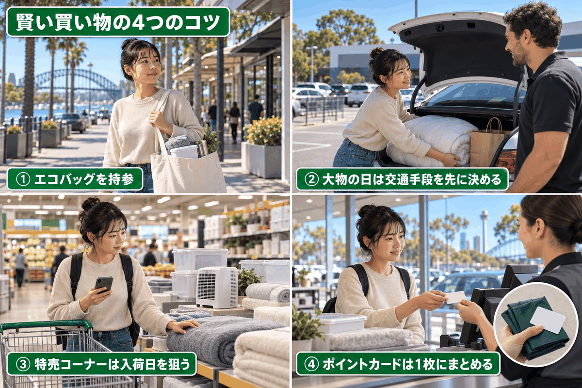 オーストラリアのディスカウントストアで得をする買い物のコツを4つ示した図