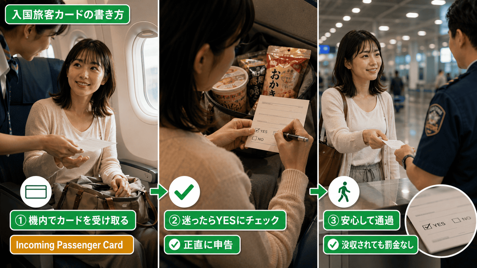 オーストラリア入国旅客カードの受け取りから記入、税関通過までを3ステップで示した図
