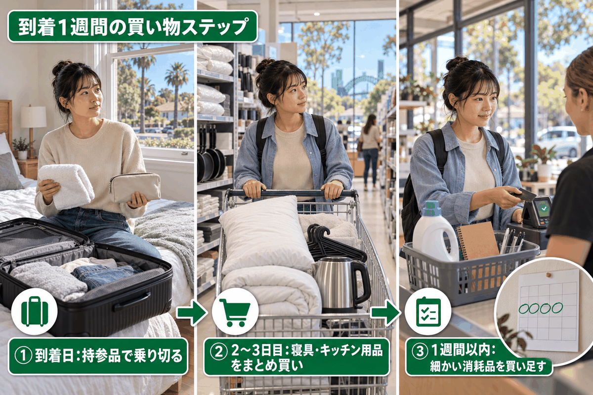 オーストラリア到着後1週間の生活用品の買い物手順を3ステップのイラストで示した図