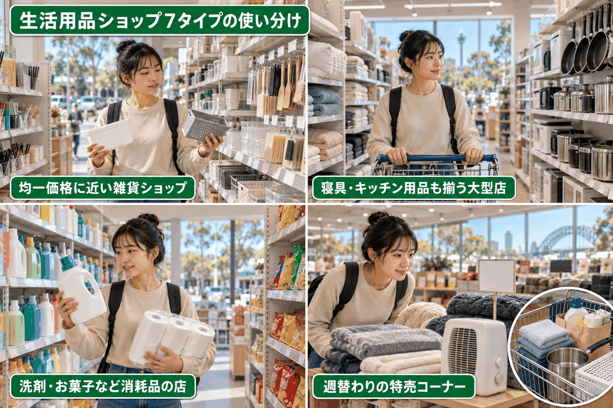 オーストラリアの生活用品店を均一価格ショップや大型量販店など4タイプに分けて比較した図