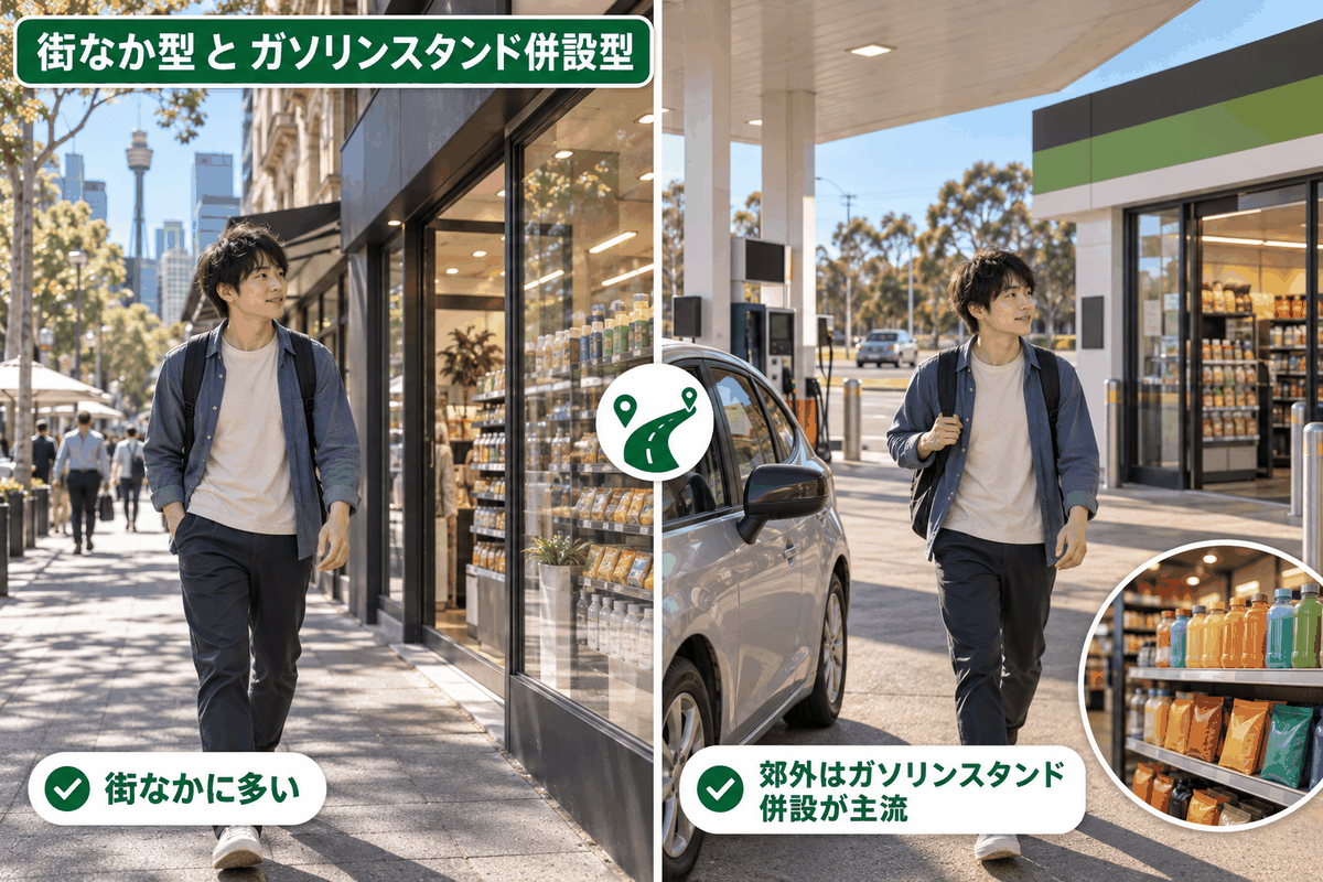 オーストラリアのコンビニ事情を都市部型とガソリンスタンド併設型に分けて示したイラスト