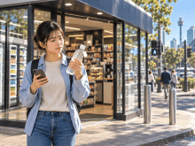 オーストラリアのコンビニで価格に戸惑う留学生と使いこなす留学生を対比したイラスト