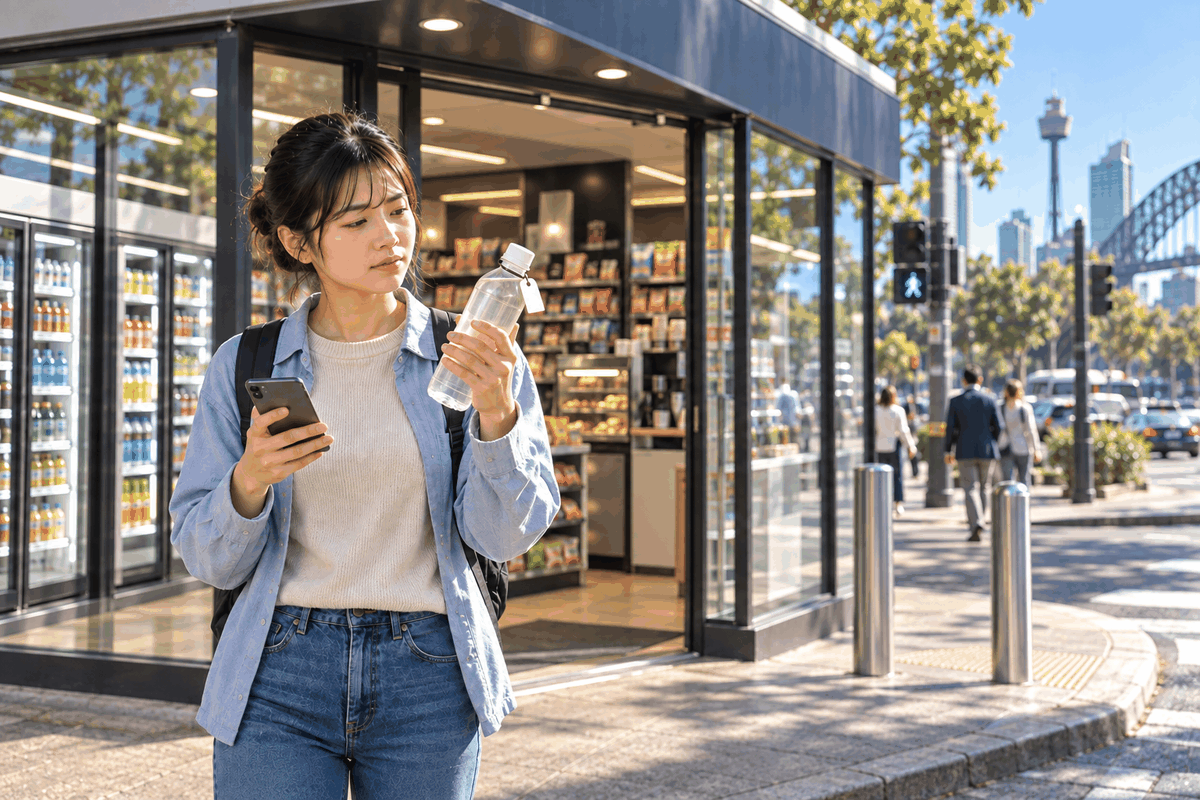 オーストラリアのコンビニで価格に戸惑う留学生と使いこなす留学生を対比したイラスト