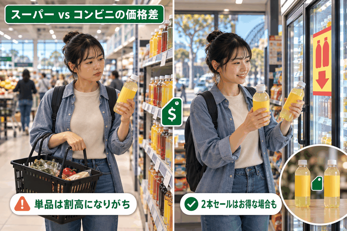オーストラリアのコンビニとスーパーの価格差を単品購入とセール品で比較したイラスト