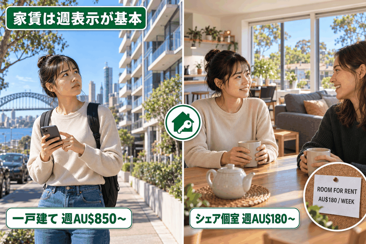 オーストラリアの家賃相場に驚く留学生と、シェアハウスで安心して暮らす留学生の対