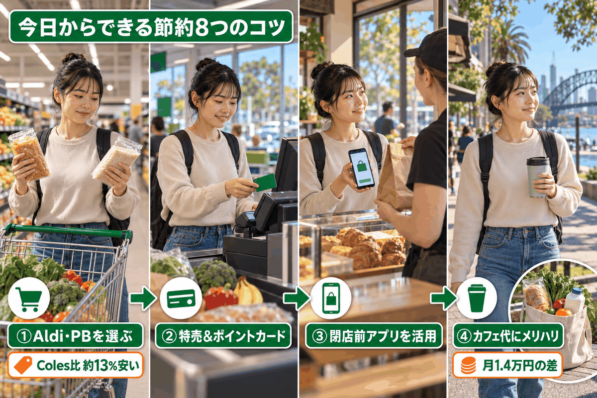 Aldiでの買い物やアプリ活用などオーストラリアの生活費を抑える節約術を4ステップで示した図