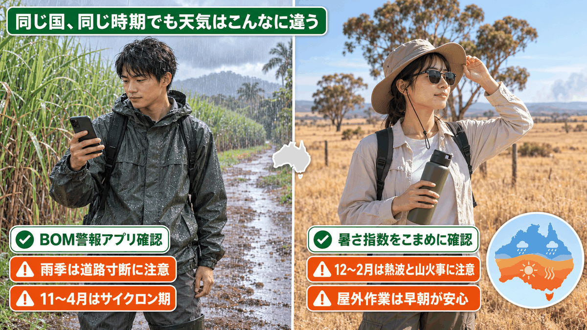 オーストラリアの気候変動による地域差を示す図。北部の雨季と南部の熱波・山火事リスクを並べて説明