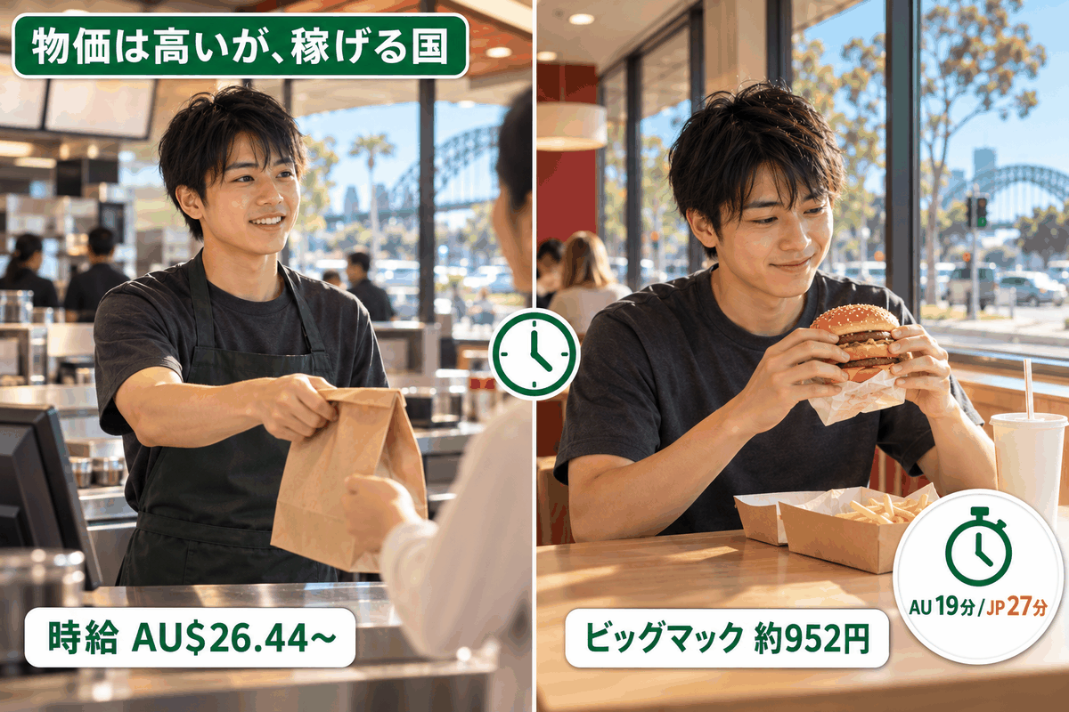 オーストラリアの最低賃金でビッグマックを買うまでの労働時間を日本と比較した図