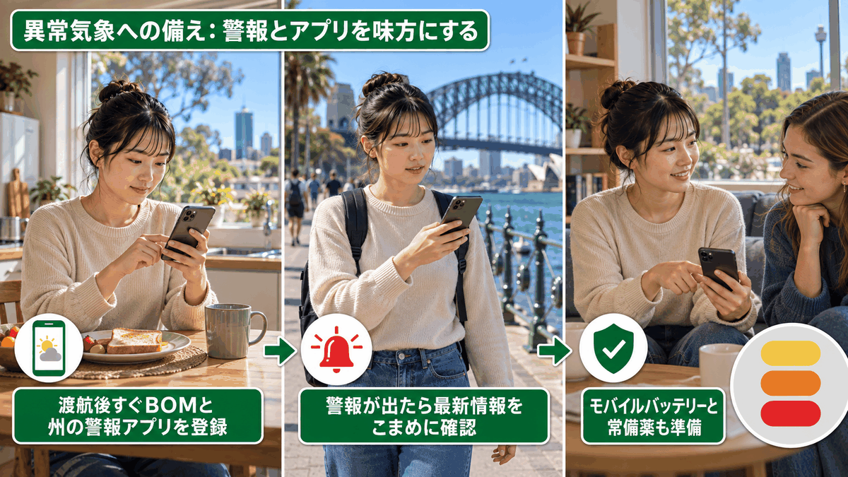 オーストラリア留学中の異常気象への備えを3ステップで示した図。BOMと州の警報アプリの活用方法を説明