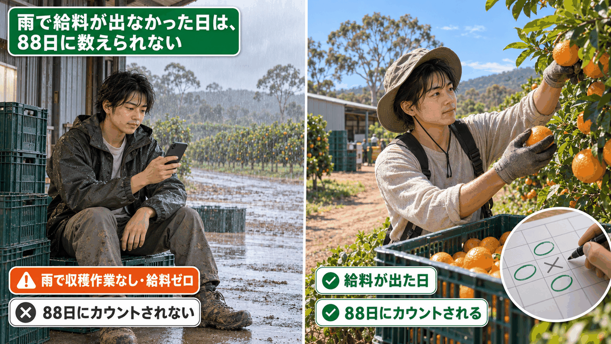 ワーホリのファーム仕事で雨の日と晴れの日を比較した図。給料の有無でセカンドビザ88日への算入が分かれることを説明