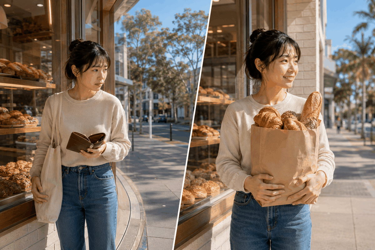 Too Good To Goでオーストラリアの売れ残り食品をお得に受け取る様子。廃棄前のパンを安く購入し食費を節約