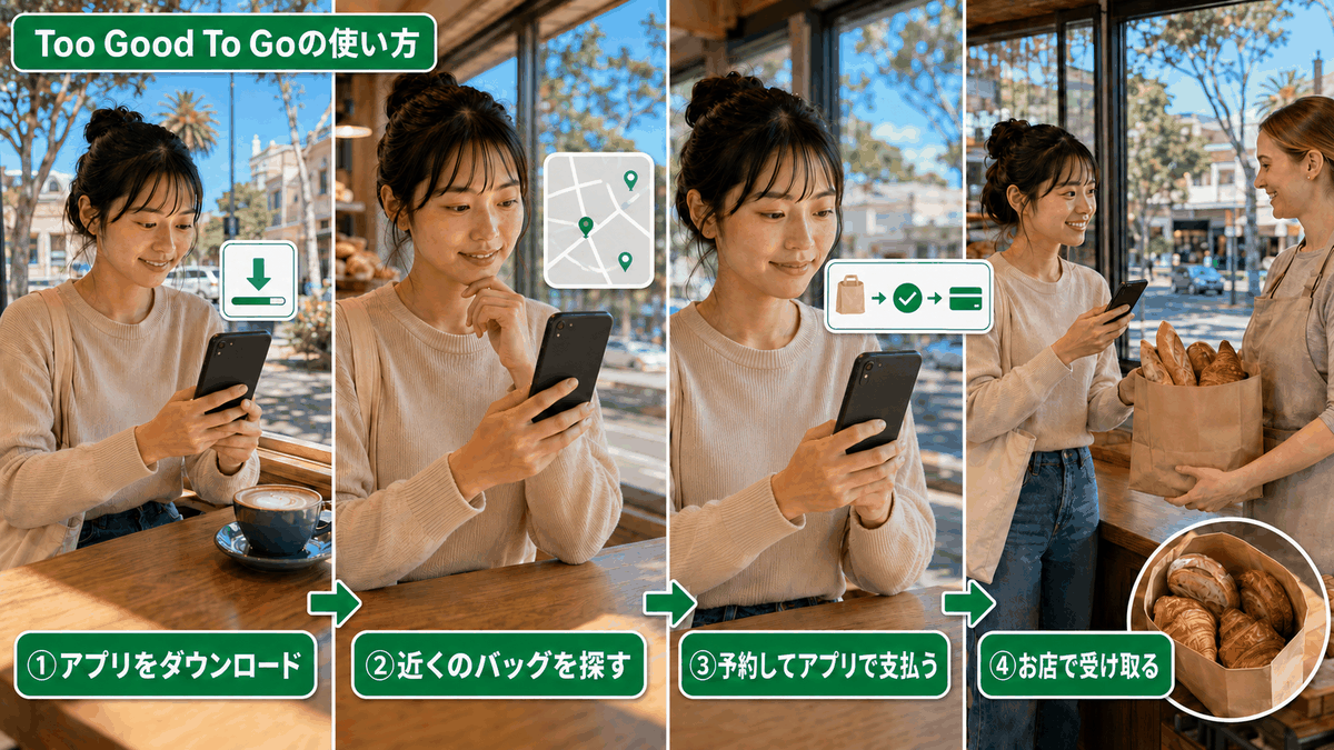 Too Good To Goの使い方を4ステップで示した図。アプリのダウンロードから予約・支払い、店舗での受け取りまでの流れ