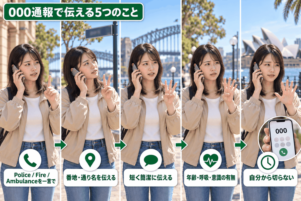 オーストラリアの緊急番号000に電話した際、サービス名から状態説明まで順番に伝える5つのポイントを示した図