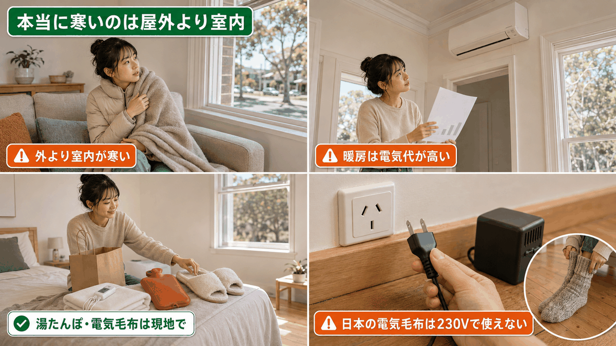 オーストラリアの冬の室内対策を4つ示した図。断熱の弱い住宅、暖房費、湯たんぽ、230Vの電圧差