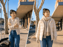 オーストラリアの冬の服装を比較した図。薄着で寒がる留学生と、ダウンとマフラーで快適に歩く姿
