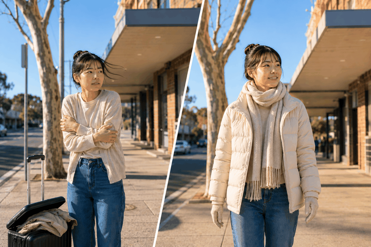 オーストラリアの冬の服装を比較した図。薄着で寒がる留学生と、ダウンとマフラーで快適に歩く姿