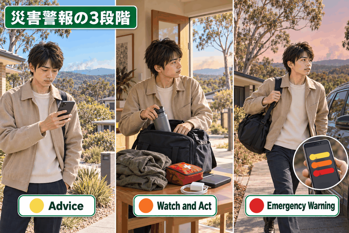 オーストラリアの山火事や洪水で使われるAdvice・Watch and Act・Emergency Warningの3段階の警報と行動を示した図