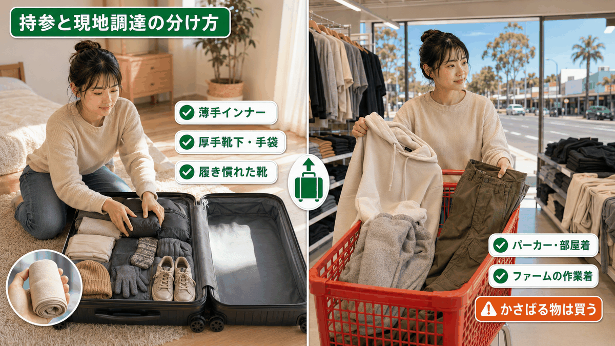 オーストラリアの冬服を持参と現地調達で分けた図。インナーは日本から、部屋着や作業着は現地で購入