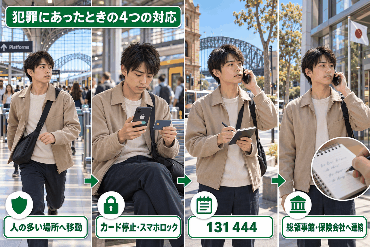 オーストラリアで盗難などの犯罪被害にあった際、安全確保から総領事館への連絡までの4つの手順を示した図