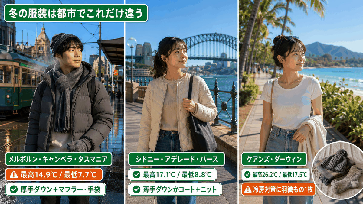 オーストラリアの冬の服装を都市別に比較した図。メルボルン、シドニー、ケアンズの気温と防寒の違い