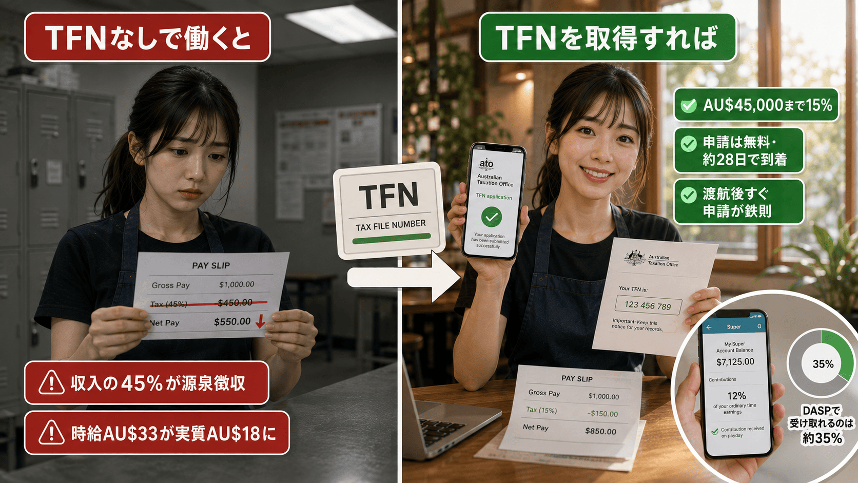 オーストラリア TFNがない場合の45%源泉徴収と、取得後の15%課税を比較。スーパー12%の積立も表示