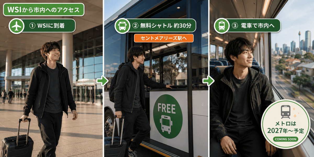 ウェスタン・シドニー空港から市内までのアクセス手順。無料シャトルとセントメアリーズ駅を経由