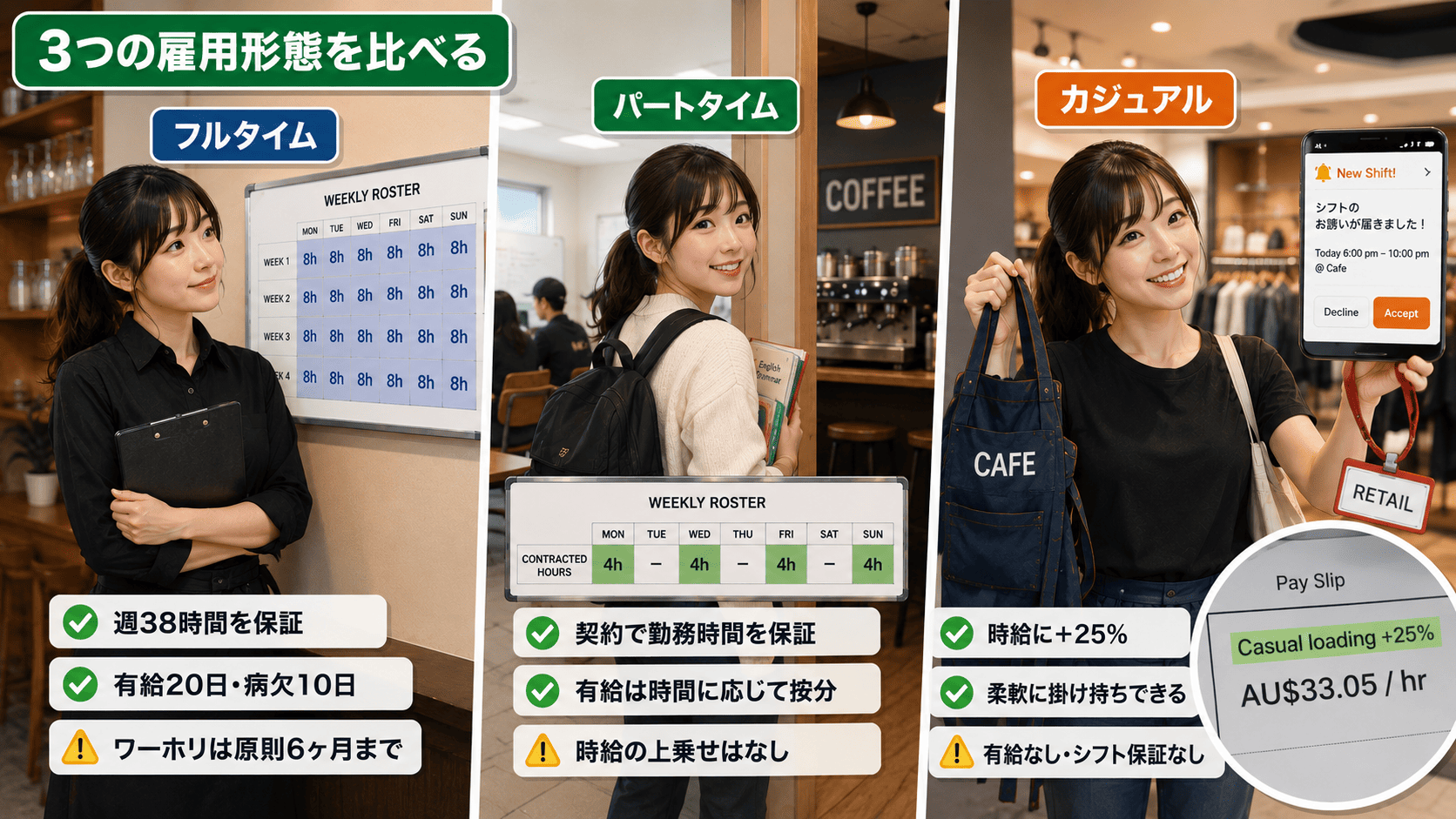 オーストラリア ワーホリの雇用形態3種を比較。フルタイム・パートタイム・カジュアルの時給と休暇の違い