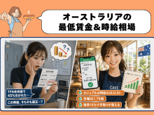 給与明細に戸惑う留学生と、オーストラリア 最低賃金AU$26.44の仕組みを理解して納得する様子の対比