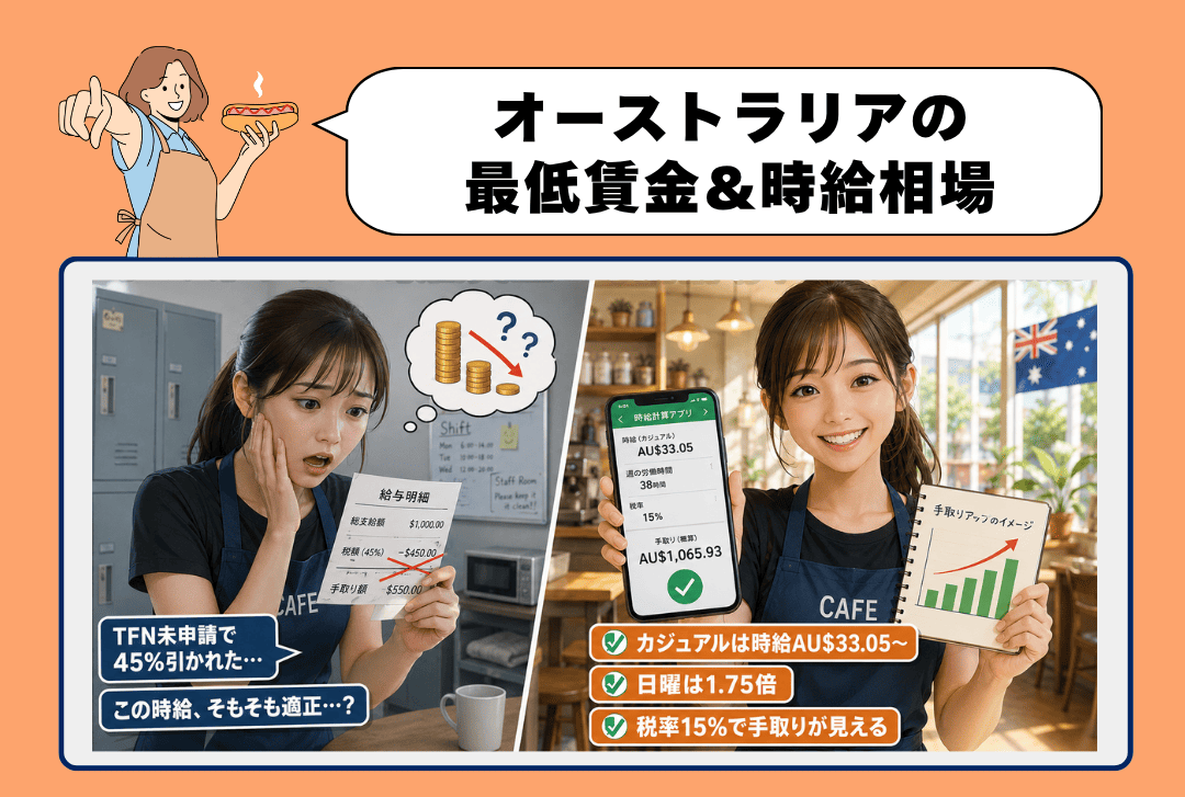 給与明細に戸惑う留学生と、オーストラリア 最低賃金AU$26.44の仕組みを理解して納得する様子の対比