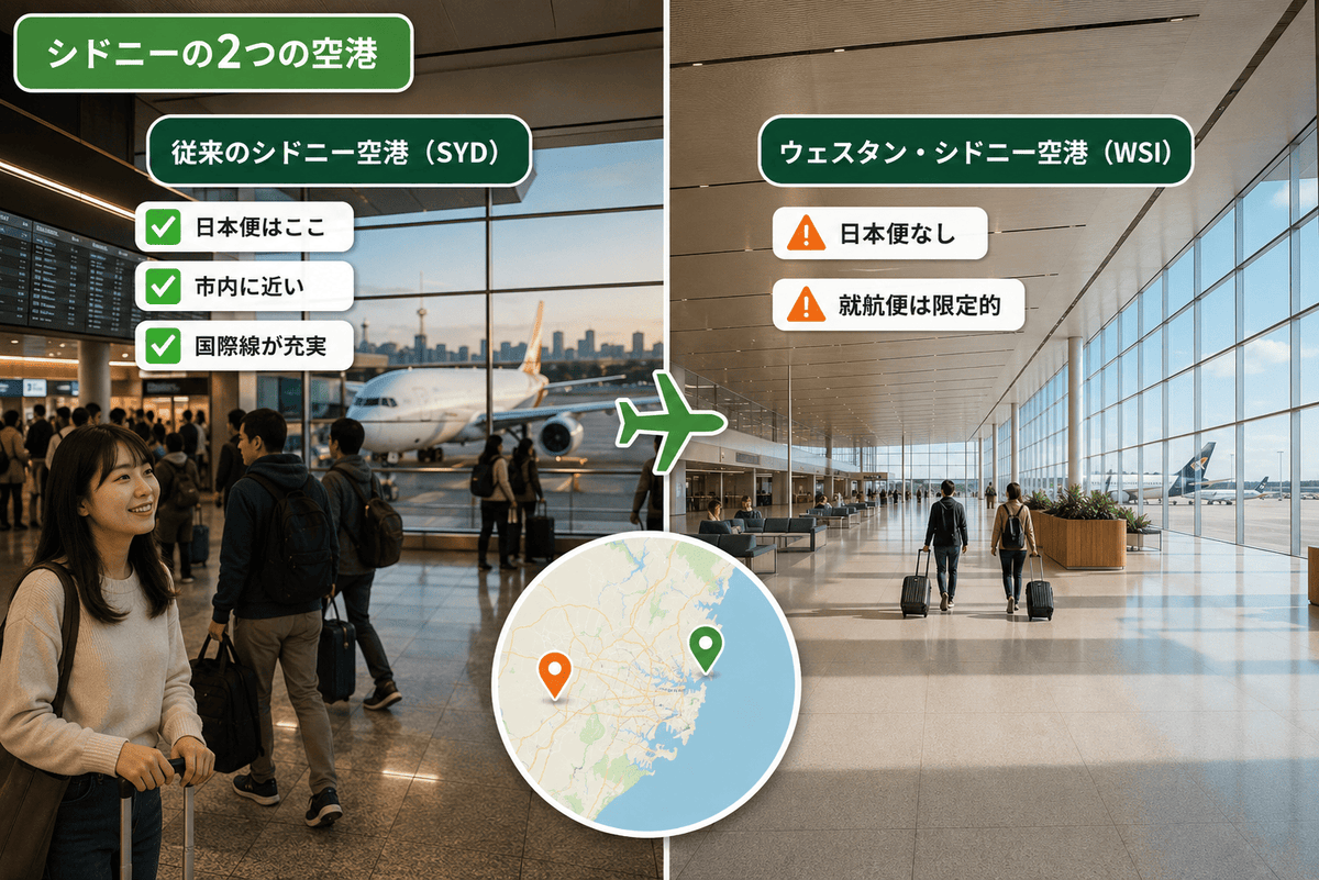 ウェスタン・シドニー空港と従来のシドニー空港を比較した図。日本便は従来空港のまま発着