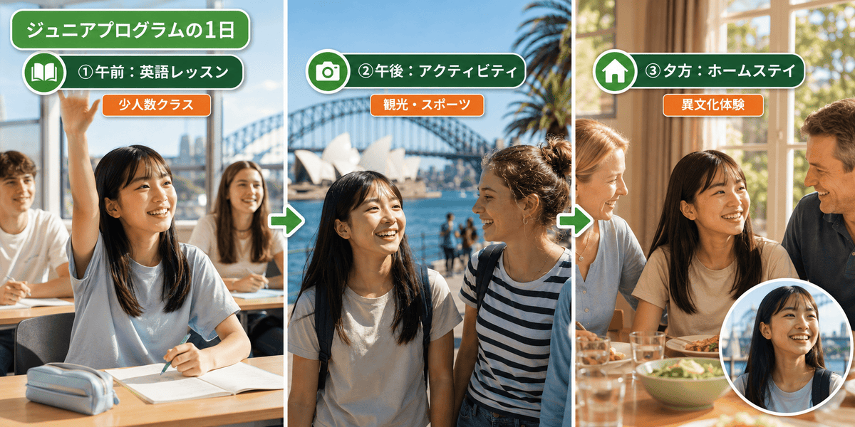 オーストラリア ジュニアプログラムの1日を、午前の英語授業・午後のアクティビティ・夕方のホームステイの3ステップで示した流れ